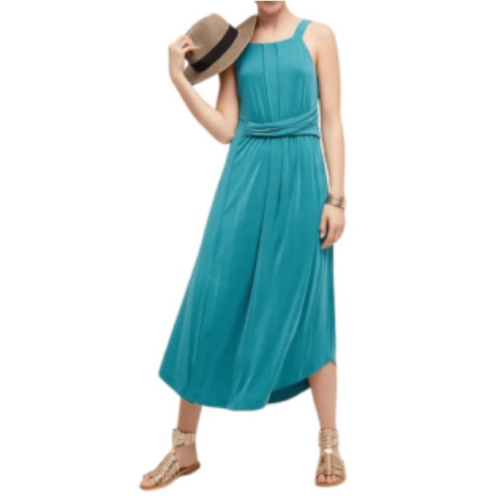 Anthropologie MAEVE Azores Pleated Wrap Waist Halter Dress Teal Boho 53” Maxi